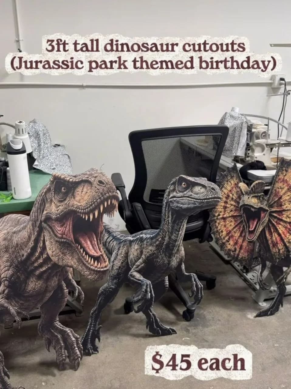 Three-foot dinosaur cutouts for a Jurassic Park themed birthday